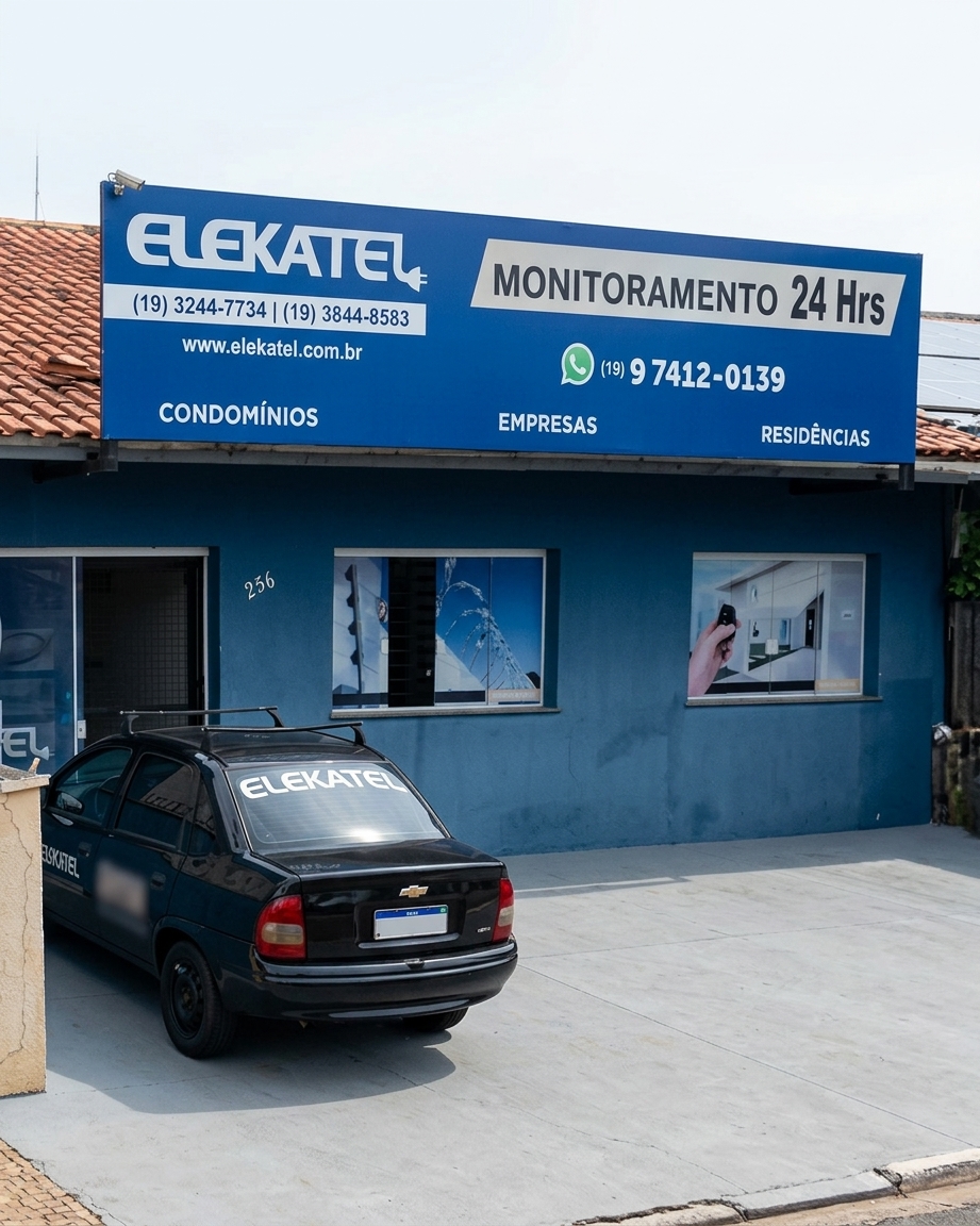 Fachada da loja ELEKATEL em Paulínia com placa de monitoramento 24 horas